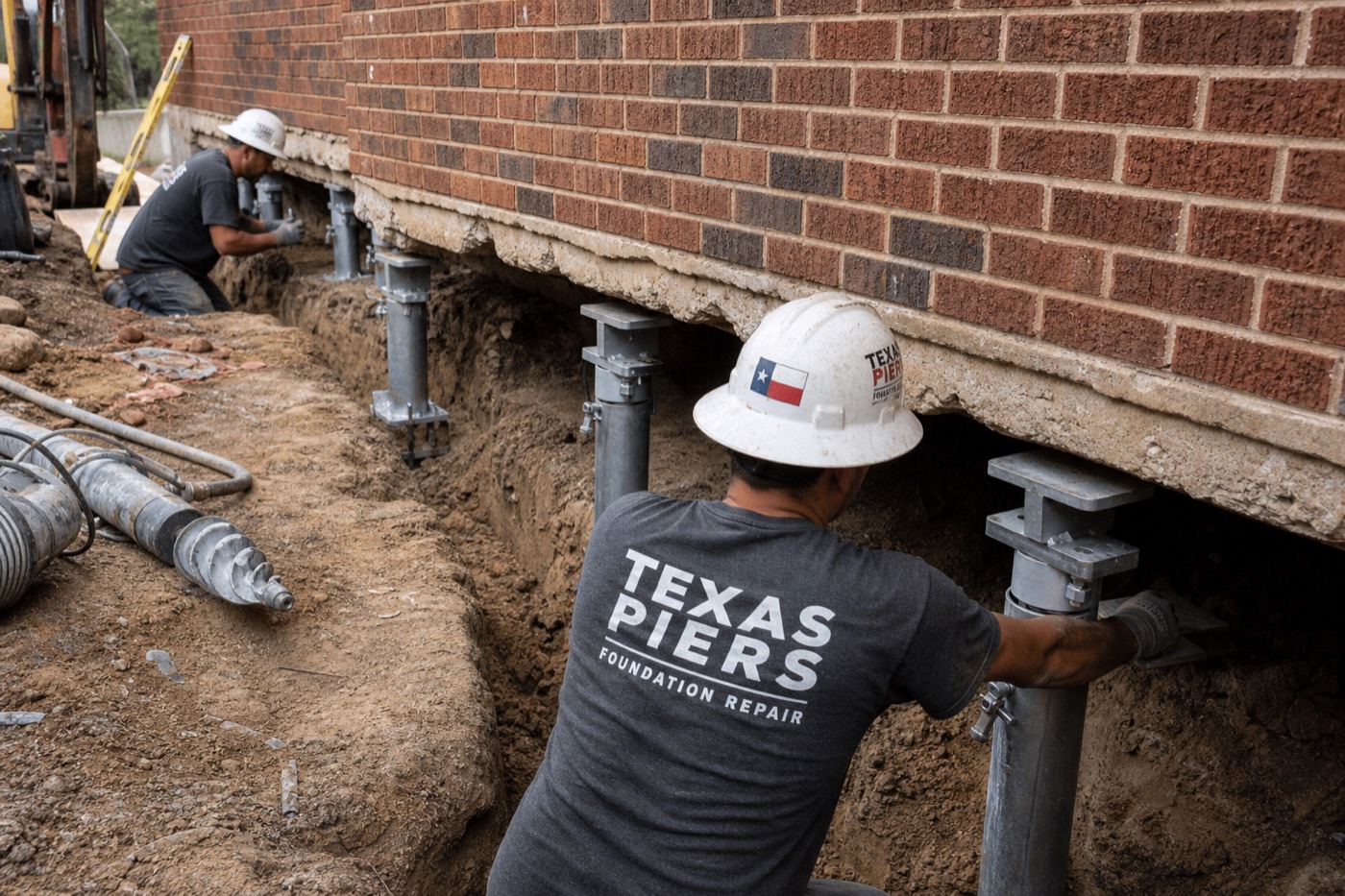 Construction workers and equipment at a residential foundation repair project