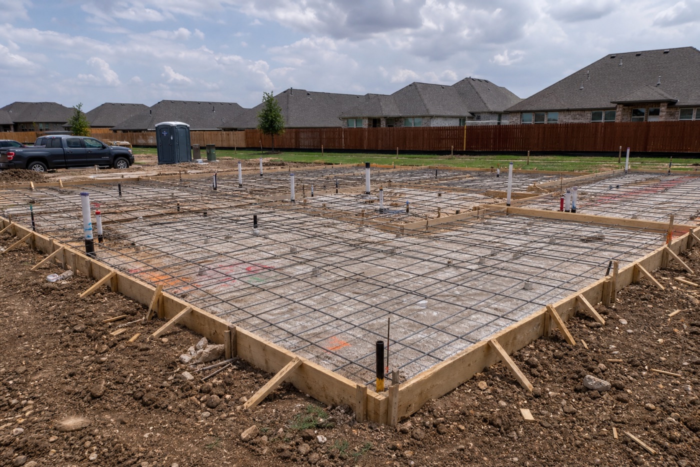 Residential slab foundation under construction on a North Texas building site