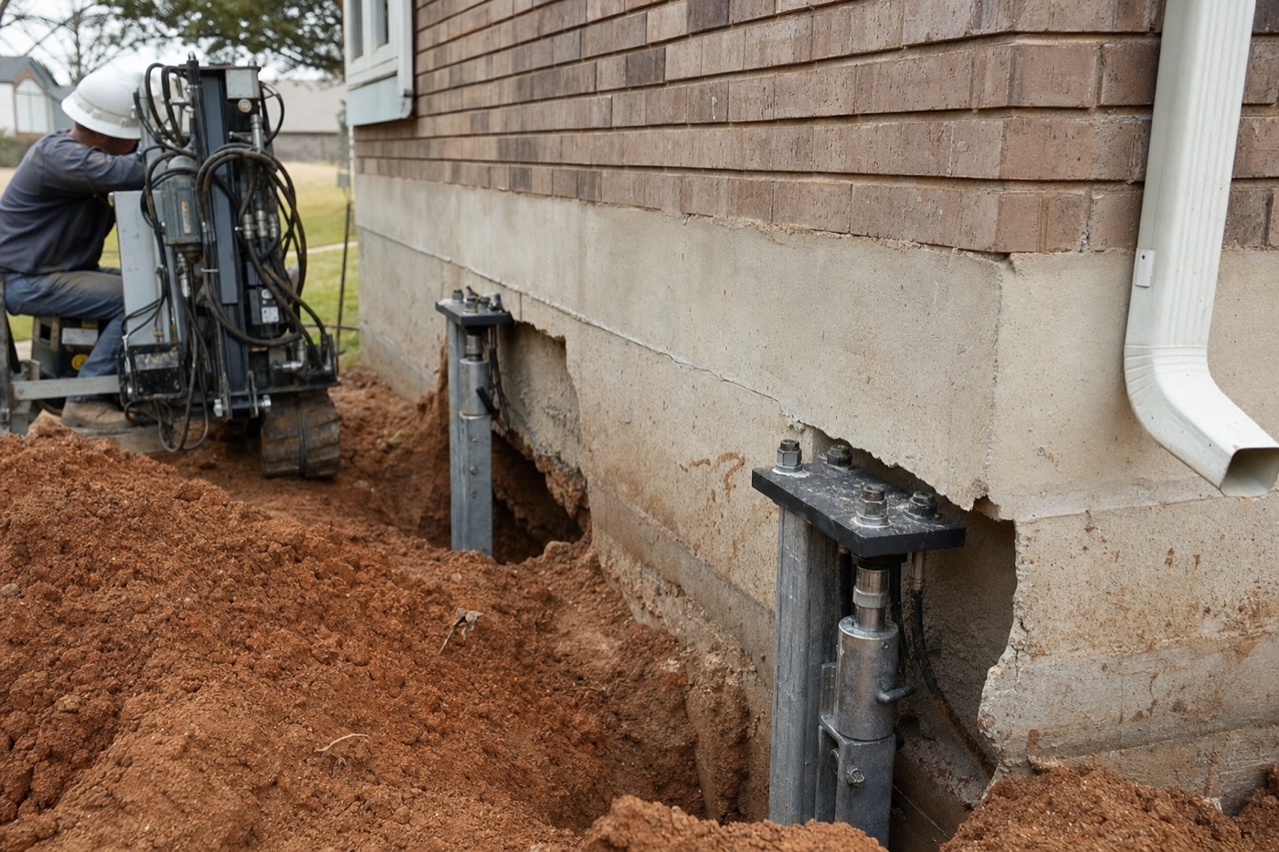 Foundation repair crew working at a residential construction site