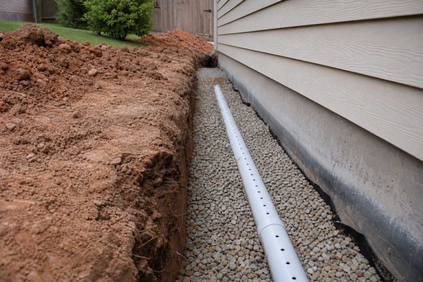 Trench excavation for underground drainage pipe installation near a home foundation
